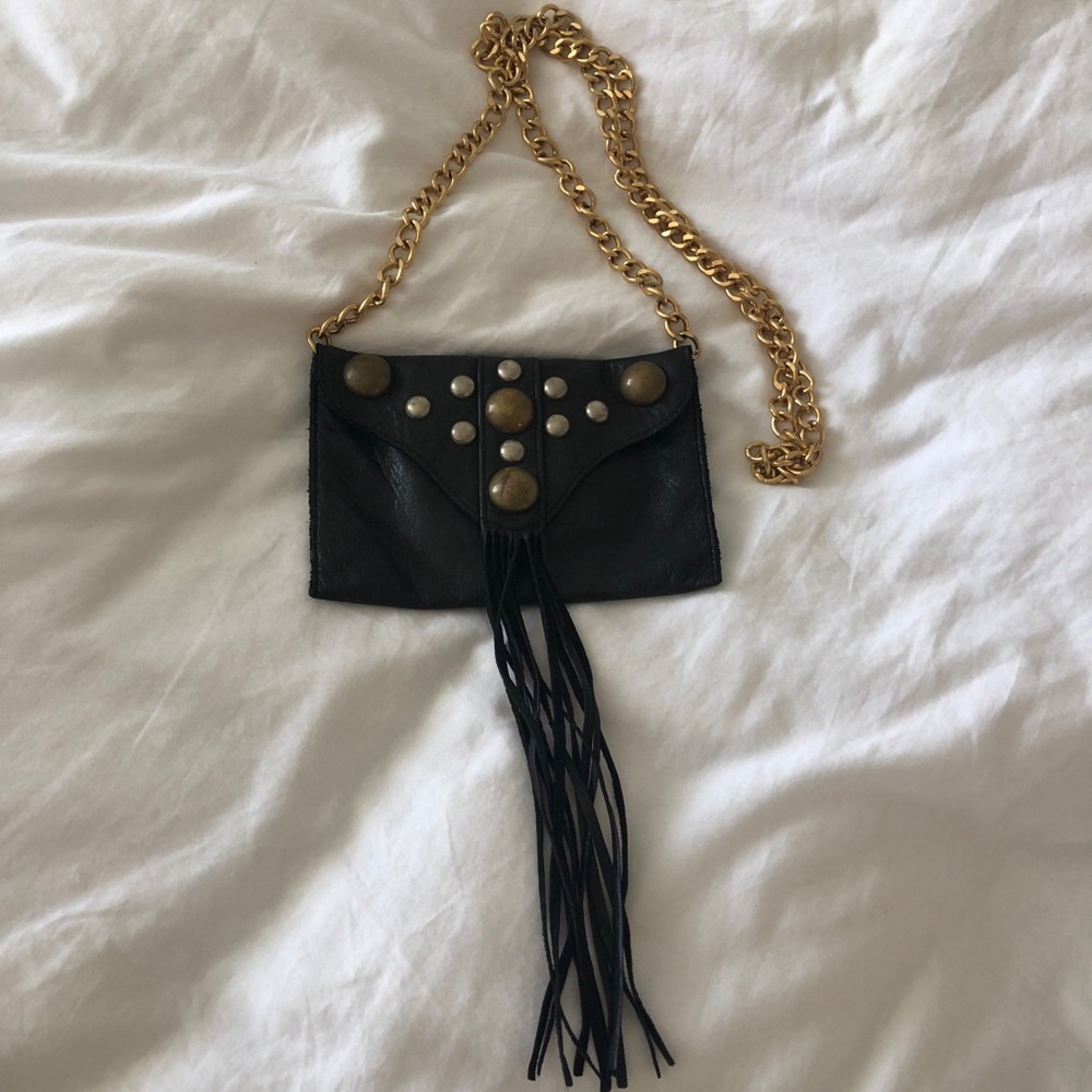 JJ Winters black fringe leather crossbody purse